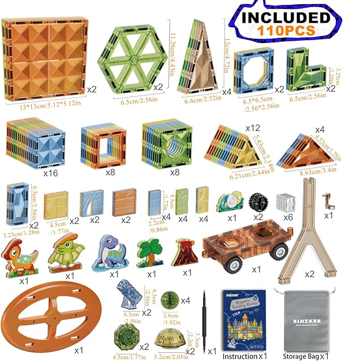 Magnetic Tiles 110PCS - 3D Lighted Magnet Building Blocks for Kids,Creative Dinosaur Toys Educational Sensory Stack STEM Construction Toys for Kids Ages 3 4 5 6 8 10+ Year Old Boys Girls