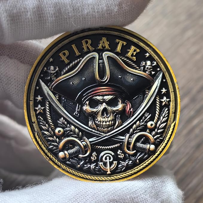 Pirate Challenge Coin – Adventure-Themed Zinc Alloy Coin with Treasure Map Design – 1.57 Inch Collectible Coin with Skull and Cross Swords ﻿ ﻿ ﻿