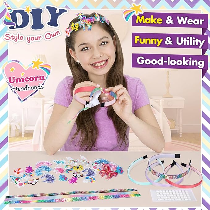 KLAPTOR Headband Making Kit for Girls - Arts & Crafts Gift - Make Your Own Fashion Headbands for Kids - DIY Hair Accessories Set - Gift for Ages 5-12 Year Old Girl (Unicorn)