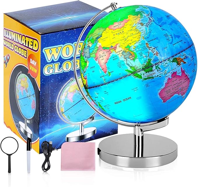 6 in1 Illuminated World Globe for Kids & Adults All Ages High Clear Map, Illuminates Educational Interactive STEM Toy, Light Up Kids Globe Lamp,Gifts For Boys And Girls