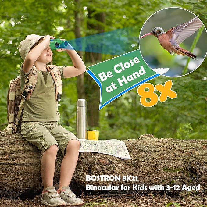 Binoculars for Kids,Compact and Portable 8x21 Kids Binoculars with Shoulder Strap, Storage Bag, 50 Birds Cartoon Stickers,Gift for 2-8 Years Boys and Girls,Suitable for Birdwatching, Camping