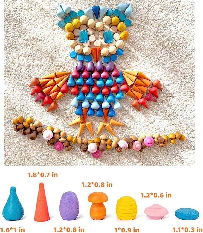 MIKNEKE 162 Wooden Loose Parts Sensory Bin Filler, Mandala Rainbow Stacker Open Ended Toy, 27 Colors Sensory Training Educational Set