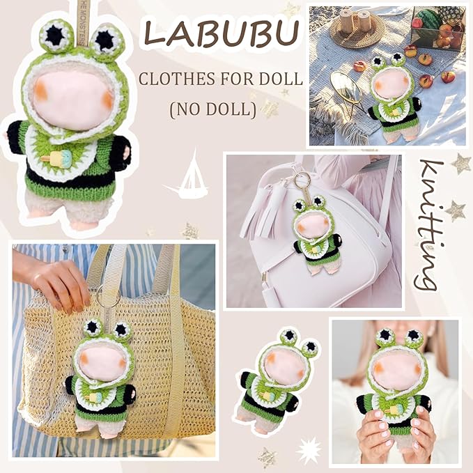 Clothes for Labubu 17cm Labubu Accessories Crochet 3 Piece Set Outfits for Labubu(Frog)