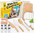 Wooden Safe Real Cooking Tool Set for Kids Toddler Teen – Montessori Kitchen Accessories & Utensils for Little Chef, with Children Proof Knife & Baking Kit, Youth Friendly Culinary Kit for Girl & Boy