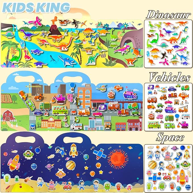 3 Pack Reusable Sticker Books for Kids, Waterproof Puffy Stickers - Match the Shape and DIY Scene, Toddler Travel Essential Quiet Time Activities Toys - Vehicle, Space and Dinosaur (2-6 Age)