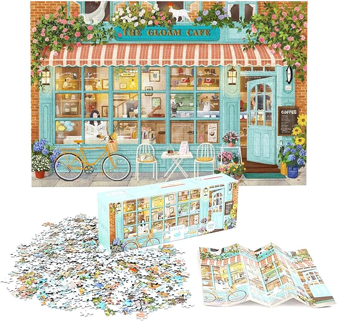 MOMIBOOK Puzzles for Adults 1000 Pieces Jigsaw Puzzles of Corner Coffee Shop, Painting Image Store Puzzle Difficult Challenging Hard Impossible Puzzle Unique Funny Party Christmas Birthday Gifts