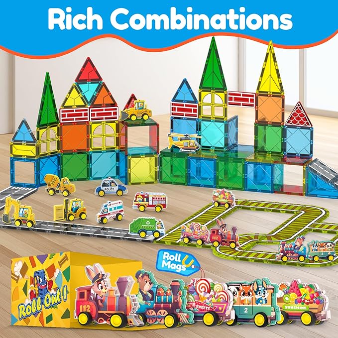 Oriate Rolling Magnet Train Set for Magnetic Tiles, 5pcs Magnet Tiles Toy Train for Road Magnetic Tiles, Free Wheel Animal Vehicles for City Magnetic, Kids Christmas Town Magnetic Tile Accessory