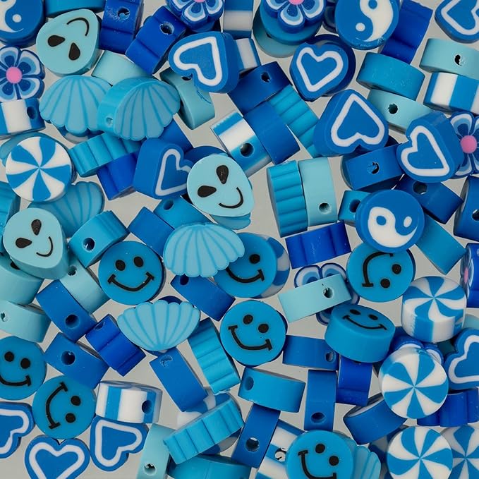 120pcs John Bead 9mm Assorted Blue Polymer Clay Craft Beads for Jewelry Bracelet Making