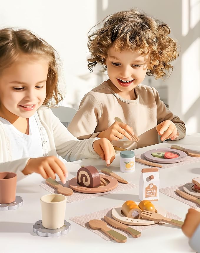 ROBUD 4-Set Wooden Play Dishes Set - Montessori-Inspired Play Food Accessories for Kids, Pretend Play Kitchen Set for Toddlers, Role Play Gift for Boys and Girls