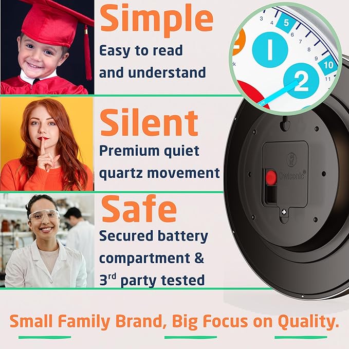 OWLCONIC Telling Time Teaching Clock for Kids - Educational Analog Wall Clock for Bedrooms, Playroom, Classroom Learning - Silent Kids Wall Clock for Learning to Tell Time