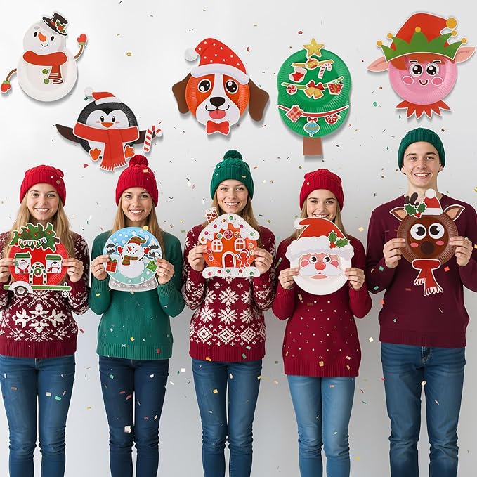 Funnymoom 24 Pcs Arts and Crafts for Kids, Halloween Plate Craft Kits Christmas Arts Craft Animal DIY Plate Kit for Halloween Xmas Holiday Party Girl Boy Preschool Classroom DIY Project(Vivid)