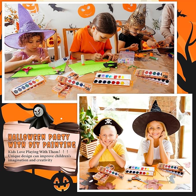 Halloween Pumpkin Watercolor Paint Set for Kids 8 Washable Colors with Brushes Water Color Painting Kit for Halloween Painting Kit Gift Party Supplies (60 Pack)