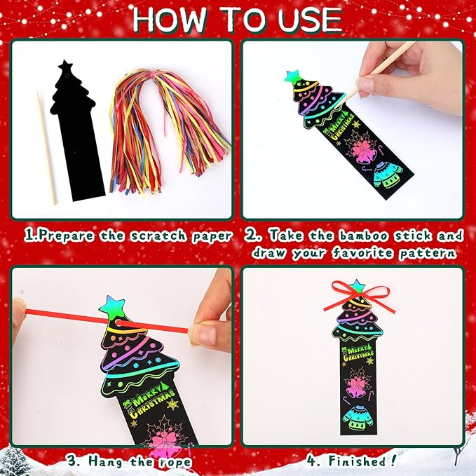AUGSUN 96Pcs Christmas Scratch Bookmarks, Cute Tree Santa Snowman DIY Crafts Kit Rainbow Magic Scratch Paper Art for Xmas Hanging Ornaments Party Favors