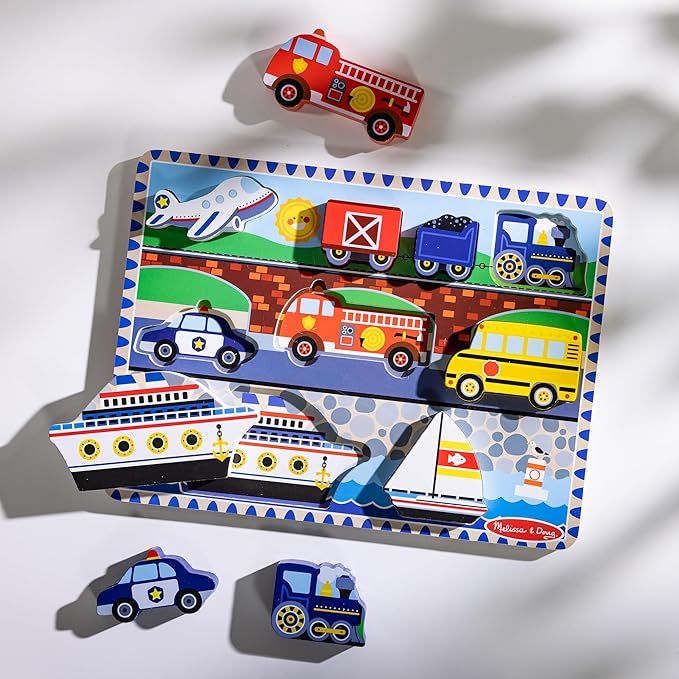 Melissa & Doug Vehicles Wooden Chunky Puzzle (9 pcs), Educational Screen Free Activity for Toddler, Preschoolers And Kids Ages 2+- FSC Certified