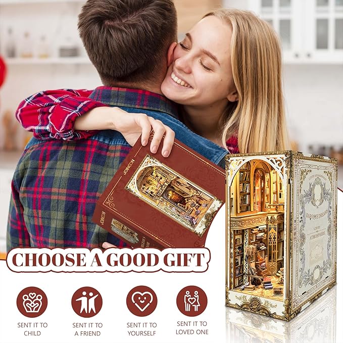 DIY Book Nook Kit, DIY Miniature Dollhouse Kit for Adults and Teens, Book Nook Bookshelf Insert Decor 3D Wooden Puzzle Bookend Miniature Kit with Sensor Light Creative Craft (Victorian Library)