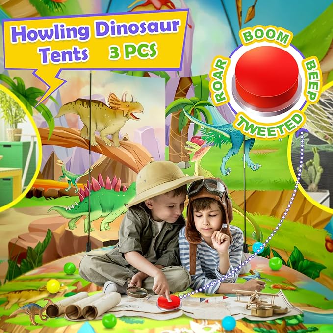 PigPigPen 3pc Dinosaur Play Tent for Kids with Big Roar Button, Baby Ball Pit, Crawl Tunnel, Castle Tents for Toddlers, Children Indoor & Outdoor Playhouse Toys, Perfect Kid’s Gifts