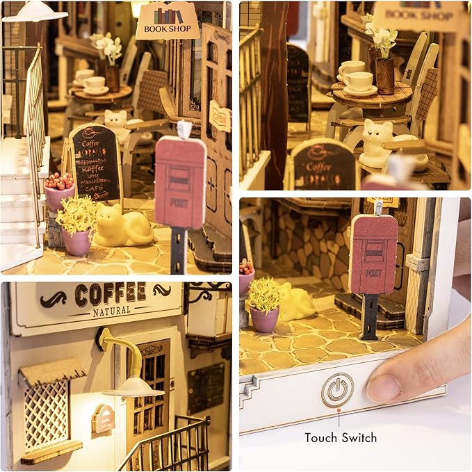 ROBOTIME Book Nook Kit DIY Miniature Dollhouse Booknook Kit 3D Wooden Puzzle Bookend Bookshelf Insert Decor with LED Light for Teens and Adults (Sunshine Town)