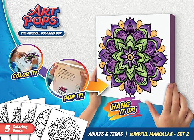 ArtPops Coloring Boxes – Pop-Up Pre-Printed Coloring Box Set – DIY Wall Art Kit for Teens & Adults – Eco-Friendly, Easy to Hang, No Frame Needed – 5-Pack, Peaceful Patterns