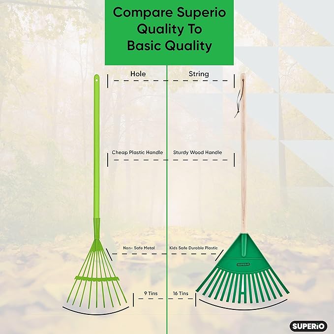 Pack of 12 Rake with Hardwood Handle, Durable Plastic Head to Sweep Leaves in Lawn and Tidying Up The Garden, 34" (Green)