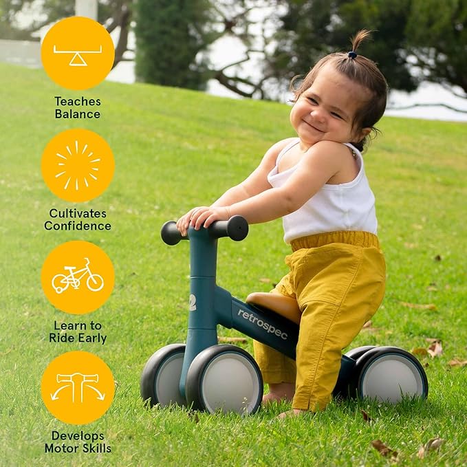Retrospec Cricket 2 Baby Walker Balance Bike with 4 Wheels - Safe Learning Toy for Ages 12-24 Months - Scratch-Resistant Indoor Outdoor Toddler Riding Toy with Steering Limit & Soft Grips