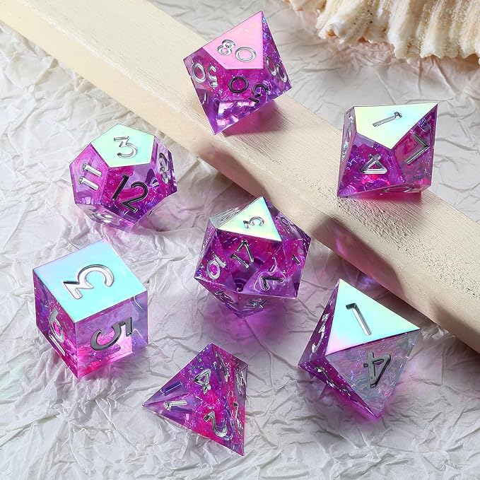 Iridescent Plating Purple Sharp D&D Dice, DNDND Handmade DND Resin Sharp Edge D&D Die with Gift Case for Dungeons and Dragon Tabletop Games (Iridescent Plating Purple)