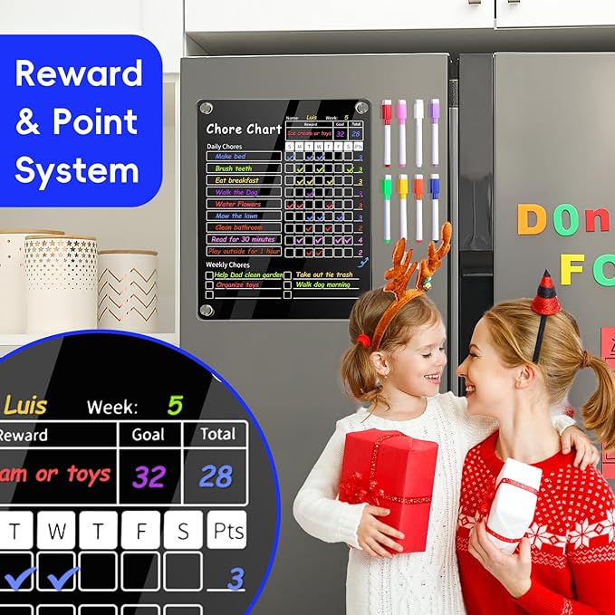 Acrylic Magnetic Chore Chart for Kids & Adult，12" x 9.5" Behavior Responsibility Reward Chart，at Home Clear Dry Erase Refrigerator Board for Multiple Kids & Teens(w/ 8 Markers & Towel)