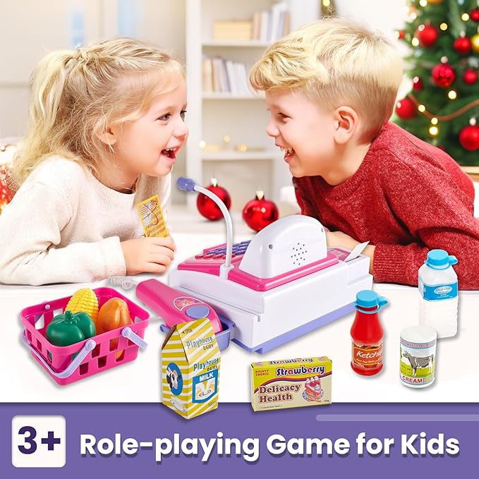 BUYGER Kids Cash Register Toy with Scanner, Receipt Printer, Microphone, Shopping Play Food - Pretend Role Play Birthday for Toddler Kids Boys Girls Ages 3 4-8+ Years Olds