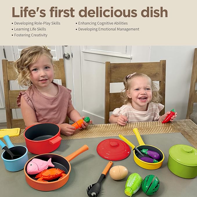 GILOBABY Play Kitchen Accessories, Play Food Sets for Kids Kitchen Playset with Pots and Pans Set, Cooking Utensils, Preschool Learning Education Toys for Toddlers, Birthday Gifts for Girls (Red)