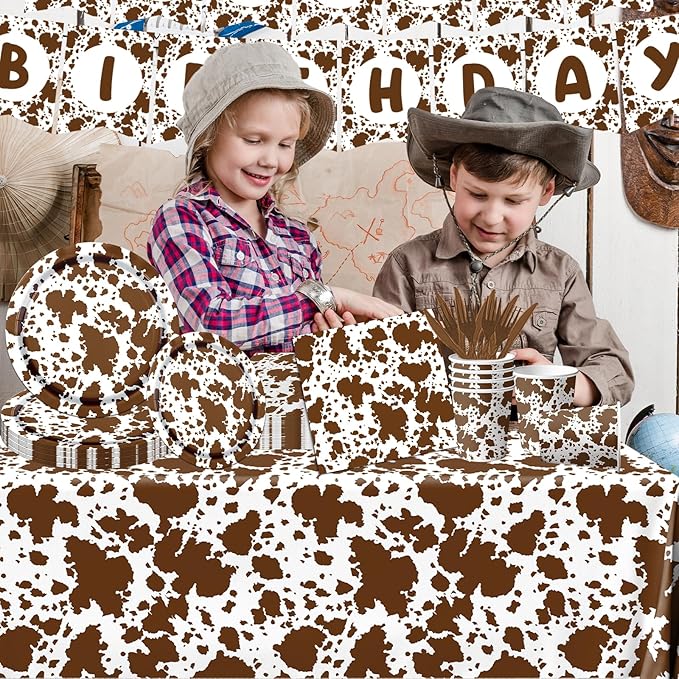 Highland Cow Decorations, 142Pcs Cow Print Plates and Napkins Party Supplies, Brown Cow Birthday Party Decorations Tableware Cups Tablecloth for Cow Baby Shower Farm Cowboy Theme Party