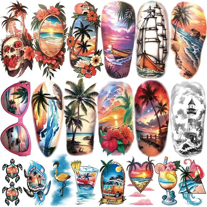 77 Sheets Temporary Tattoo, Sunset Sunglasses Beach Flower Palm Tree Hawaiian Themed Waterproof Fake Tattoos, Holiday Temporary Tattoos for Men Women Kids Party and Goody Bag Stuffers