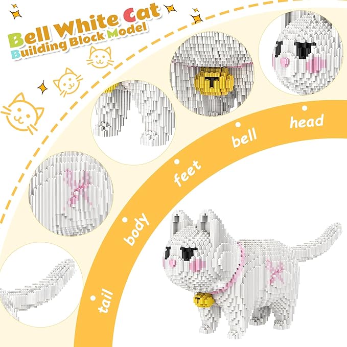Animal White Striped Bell Cat Micro Mini Building Blocks Sets Large Cute Cat Building Kits Model Toys Gift Adults Kids Teens 5760 PCS