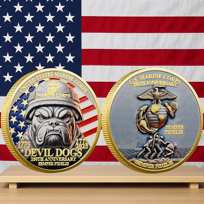 USMC 250th Anniversary Challenge Coin – Double-Sided Marine Corps Commemorative with Bulldog & Iwo Jima – Military Gift for Veterans & Collectors (5PCS)