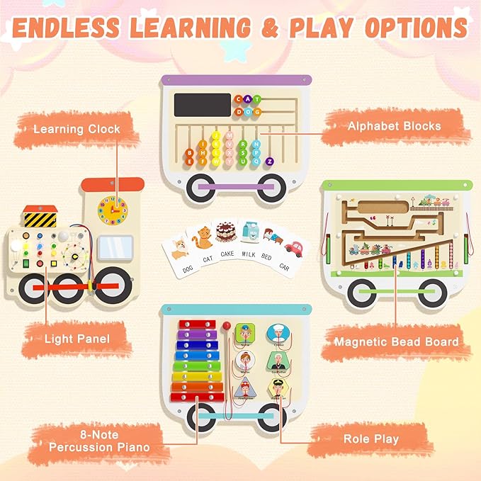 Montessori Sensory Board - Electric Train Wooden Wall Busy Board, Toddler Learning Panel Wall-Mounted, Educational Toys for 3-6 Years, Interactive Playroom/Daycare Activity Gifts for Boys Girls