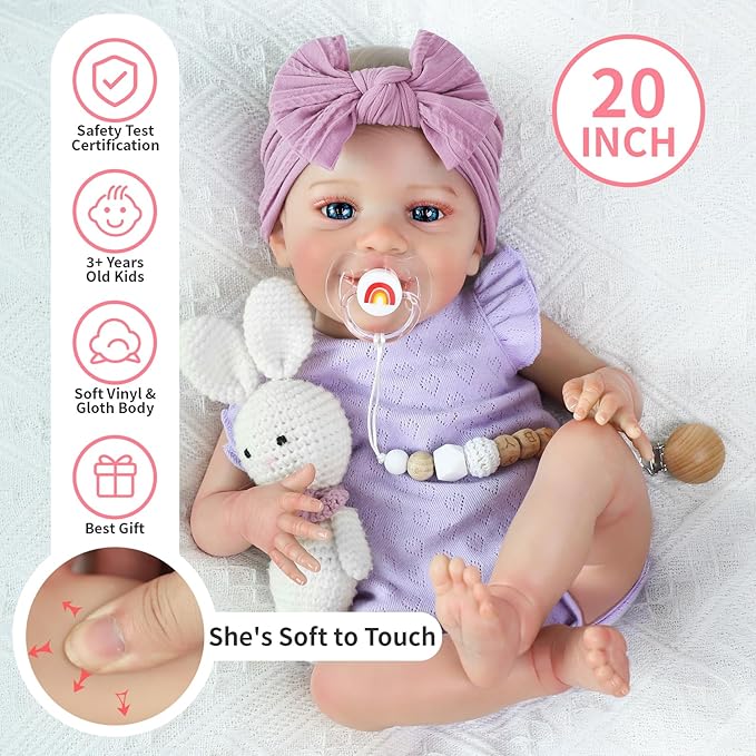 SCOM Realistic Reborn Baby Dolls - 20 Inch Lifelike Newborn Baby Dolls Adorable Girl, Real Life Baby Doll with Accessories, Soft Baby Doll Reborn Gift for 3+ Yrs Kids, Birthday, Christmas, Education