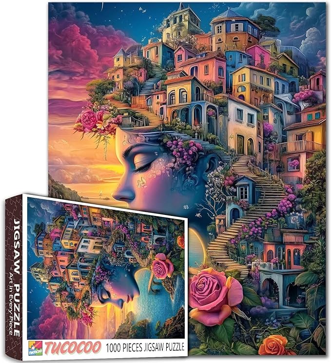 Portrait Woman 1000 Piece Jigsaw Puzzle Seaside House Landscape Jigsaw Puzzles for Adults Gifts Surreal Earth Girl Challenging Puzzle Perfect for Game Nights
