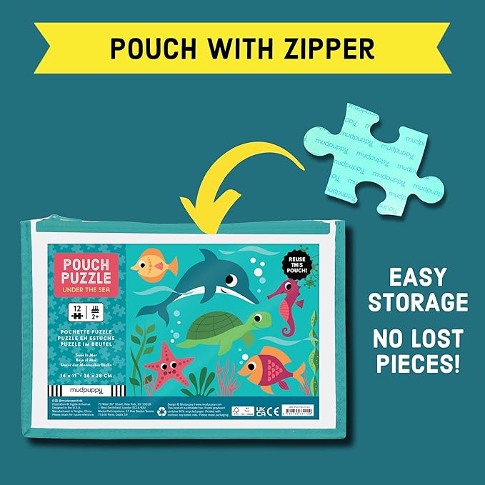 Mudpuppy Under the Sea – 12 Piece Puzzle with Reusable Zipper Pouch Featuring Colorful and Fun Illustrations of Ocean Creatures Perfect for Easy Storage and Travel