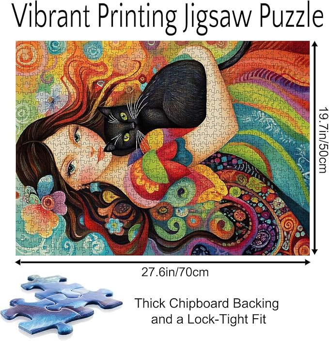 Abstract Women Jigsaw Puzzle,Black Cat Puzzles for Adults 1000 Pieces Puzzles for Families, HD Quality Lady Photo Puzzle Gift, Perfect for Party Game Gifts 27 x 20 Inches