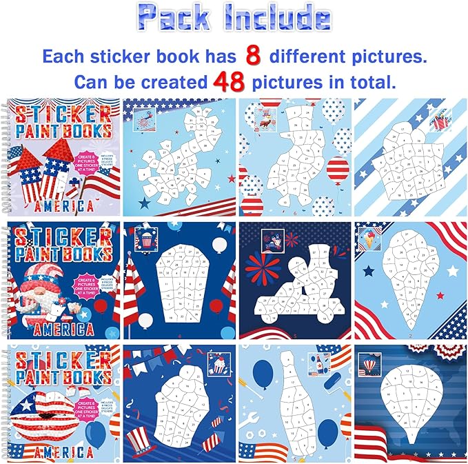 6PCS 4th of July Patriotic Crafts Paint by Sticker Books for Kids Ages 4-8 Sticker by Number Book Activity Puzzle Book for Kids Age 3-5 Toddler Art Gift for Memorial Day American Flag Star 48 Pictures