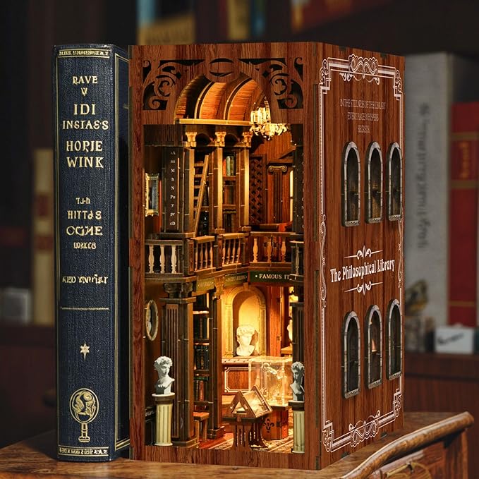 ISSEVE Book Nook Kit, DIY 3D Wooden Puzzle Dollhouse Booknook for Adults, Tiny Miniature House Kit Bookshelf Decor, Halloween for Crafts Book Lovers (Library of Philosophical)