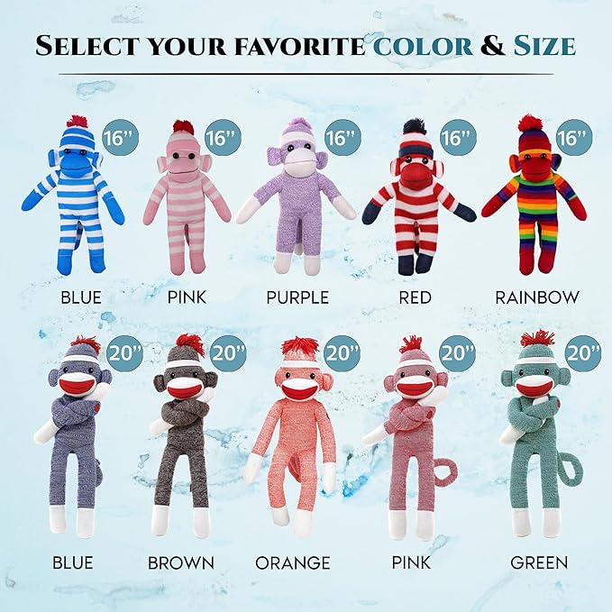 Adorable Sock Monkey, The Original Traditional Hand Knitted Stuffed Animal Toy Gift-for Kids, Babies, Teens, Girls and Boys Baby Doll Present Puppet (20" Green)