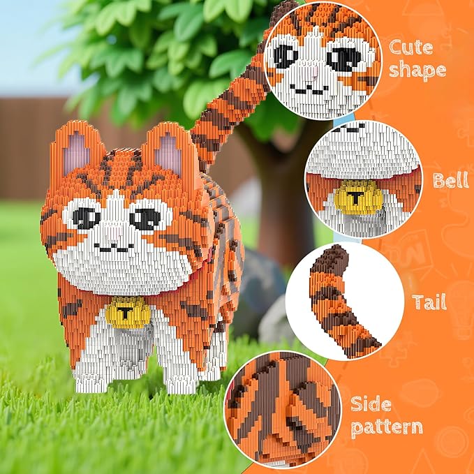 Animal Orange Striped Bell Cat Micro Mini Building Blocks Sets Large Cute Cat Building Kits Model Toys Gift for Adults Kids Teens 6665 PCS