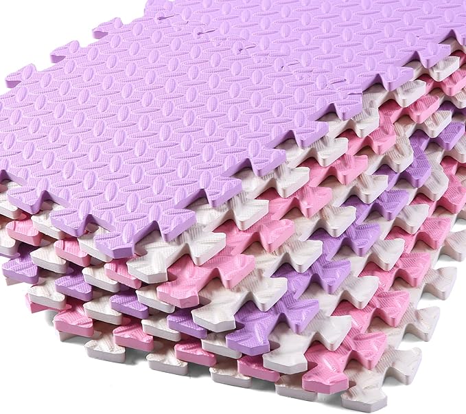 Foam Floor Mats for Kids, 12 x 12 Inch 16 Tiles 0.4" Thickness Foam Play Mat, Non-Toxic Square Interlocking Floor Mats Rubber Baby Play Mat for Toddlers(White/Pink/Purple)
