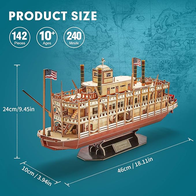 CubicFun 3D Puzzle Mississippi Steamboat Model Kit Gift for Kids and Adults, 142 Pieces