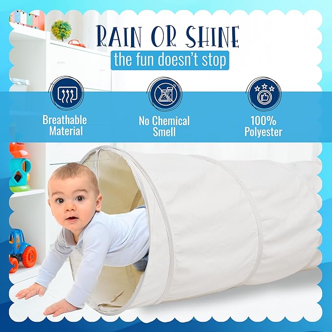 River & Aria Co Kids Tunnel Toys for Toddlers 1-3 - Baby Tunnel Crawl Indoor and Outdoor, 6ft Kids Tunnels Crawl, Interactive Hide and Seek Play for Children (Ivory)