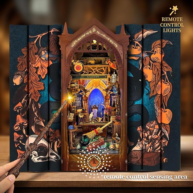 Book Nook Kit for Adults 3D Puzzle Miniature House Kit for Adults Craft Lovers Bookshelf Decor DIY Model Kit with LED Sensor Light-Magic Academy (SQ-38)