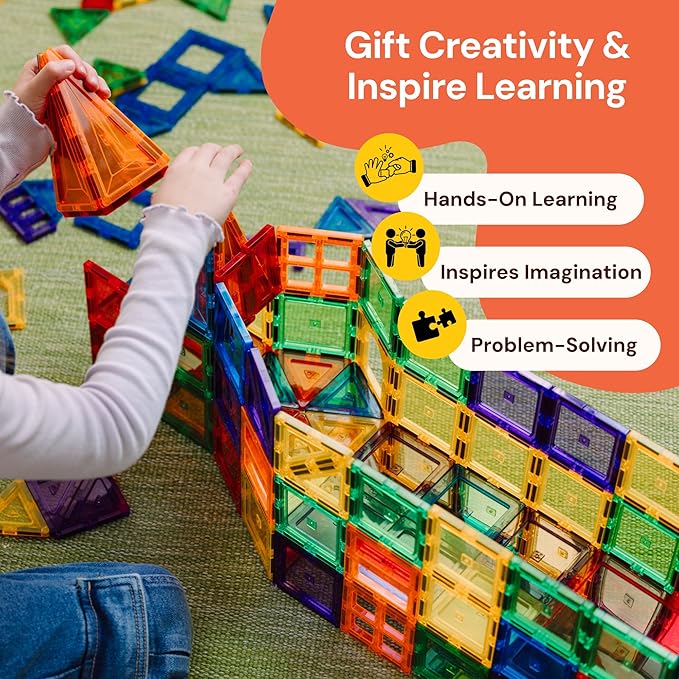 PLAYVIBE Magnetic Tiles - 60 Piece Set, Multicolor - Hands-On STEM Play & Stem Toys - Strong Magnets & Magnetic Tile Blocks - Sensory Toys & Car Creations