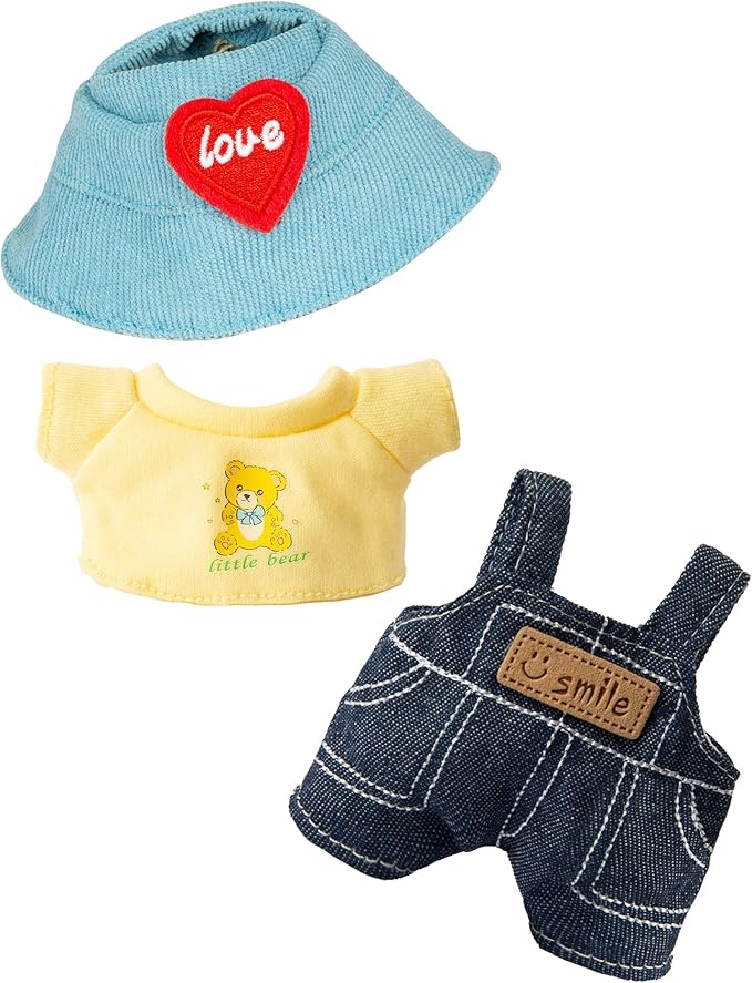 17cm Doll Clothes for Labubu - Kawaii Chic Style Set for 17cm Dolls, Cute Doll Outfit with Accessories - Denim Romper + Yellow T-Shirt + Heart Shaped Blue Hat (Clothes Only)