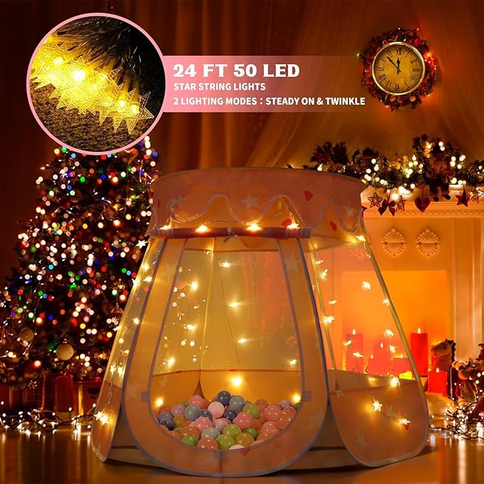 Pop Up Princess Tent with Star Light, Toys for Year Old Girl Birthday Gift, Ball Pit for Months Baby Toys, Toddler Girl Gift, Easy to Pop Up and Assemble (Pink Gray)