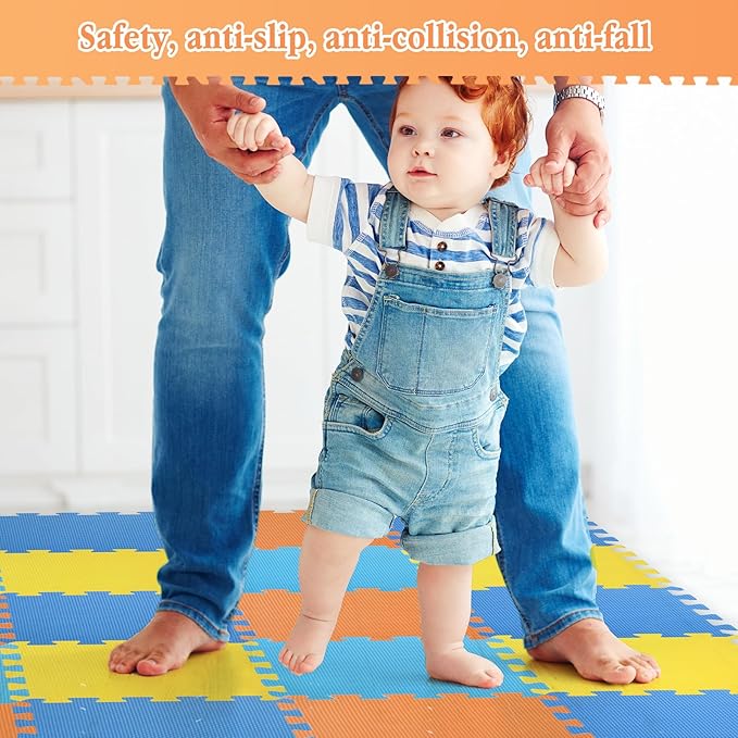 Nuanchu 60 Pcs Kids Foam Puzzle Floor Mat Bulk Solid Color Foam Play Mat with Borders Interlocking Multi Use Floor Rug for Baby Toddler Children 12 Inch (Dark Blue, Light Blue, Orange, Yellow)