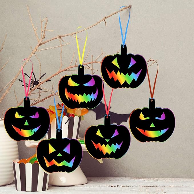Outus 48 Pieces Halloween Scratch Art Paper Crafts Kit Rainbow Pumpkins Scratch Craft Art Halloween Decor with 12 Wooden Sticks and 48 Colorful Ribbons for Trick or Treat Party Supplies DIY Ornaments